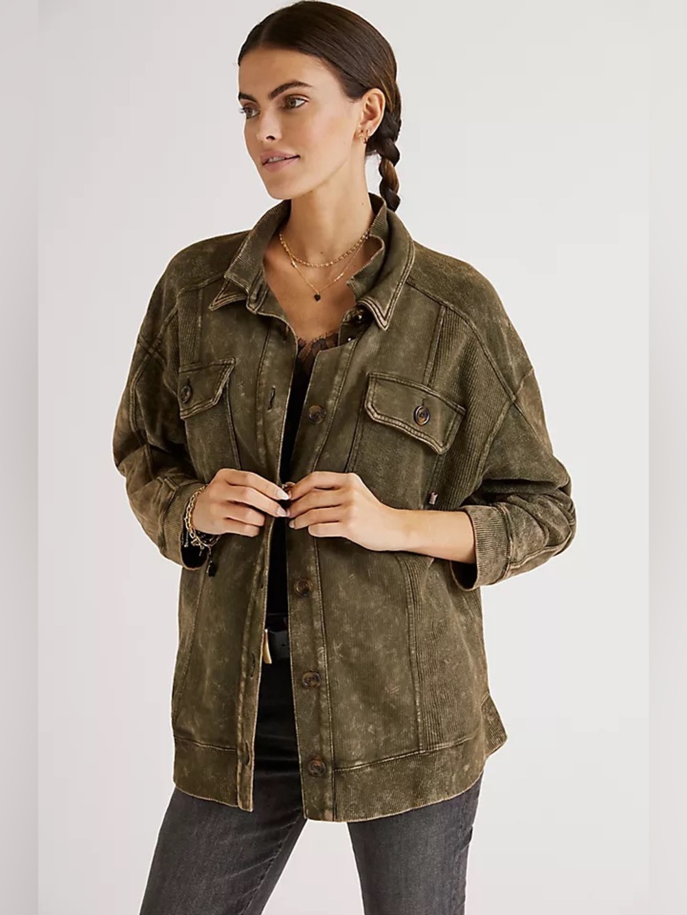 Anthropologie PILCRO Green Relaxed Cotton Shirt Jacket Barn Coat Shacket XS